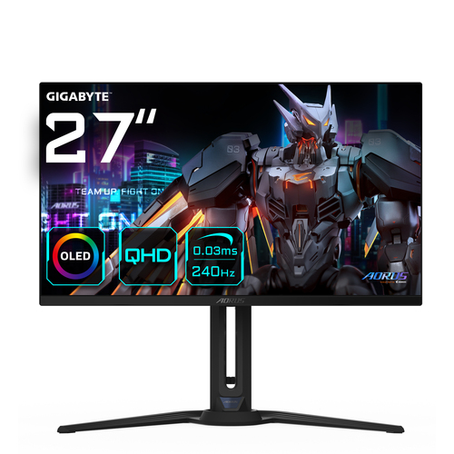 Монитор 27" Gigabyte Aorus FO27Q2 OLED 2560x1440, 240 Гц, 0.03 мс, 16:9, 250 кд/м², 2xHDMI 2.1, DP 1.4, USB-C (18 Вт), USB Hub (2x USB 3.2), динамики (2x5 Вт), 3.5 Jack, HDR10, FreeSync, черный