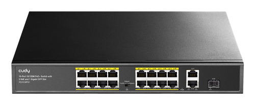 Коммутатор CUDY 16-Port 10/100M PoE+ Switch with 2 Gigabit Uplink and 1 SFP Port 200W 16-Port 10/100M PSE RJ-45 +2 Gigabit RJ- 45 +1SFP Port with 16 POE Ports Switch with Built-in power supply, support 16-port IEEE 802.3at PoE+ Injector,Rack-mountable  Steel case, 200W Internal
