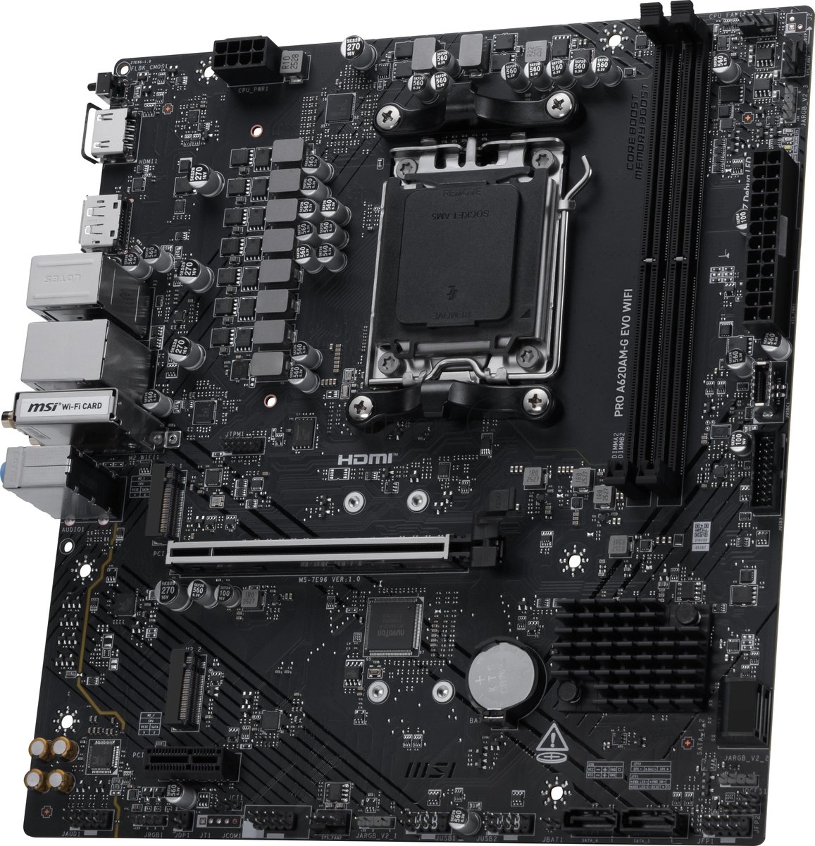Материнская плата MSI PRO A620AM-G EVO WIFI, AM5, AMD A620A, 2xDDR5, 4xSATA, 2xM.2, 1xPCIe 4.0 x16, 1xPCIe 3.0 x1, 1xHDMI, 1xDisplayPort, 1x 2.5Gb LAN, 4xUSB 5Gbps Type-A, 2xUSB 2.0, 3x3.5 мм, 7.1, microATX