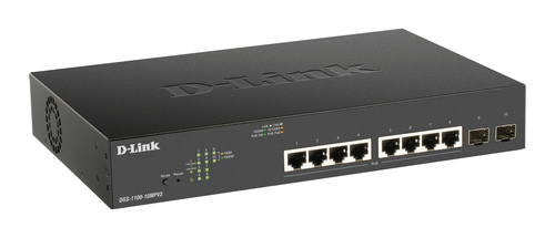 Коммутатор D-Link DGS-1100-10MPV2/A3A Настраиваемый L2 коммутатор с 8 портами 10/100/1000Base-T и 2 портами 1000Base-X SFP (8 портов PoE 802.3af/at, PoE-бюджет 130 Вт)
