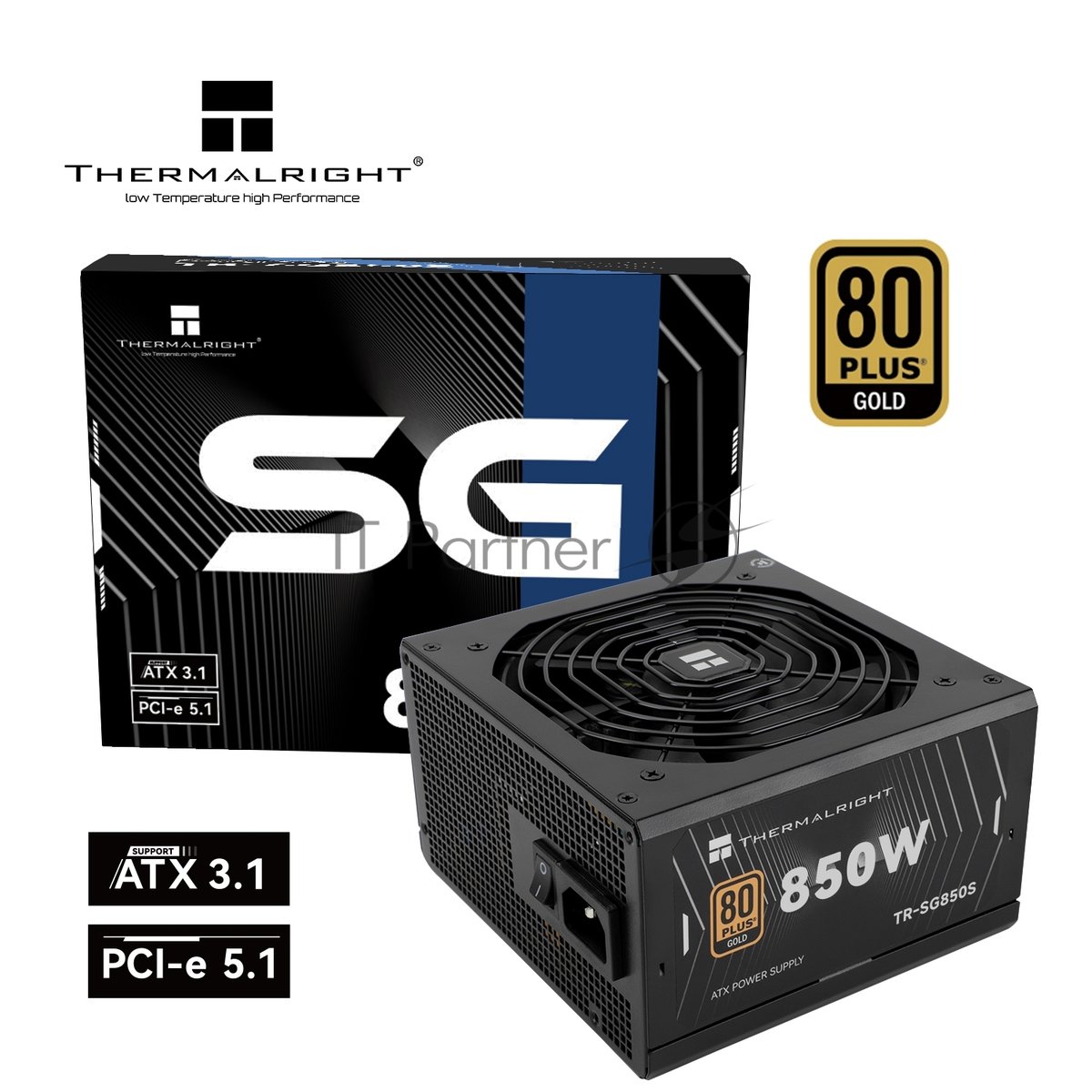 Блок питания Thermalright, 850W 80+ Gold (ATX, 3.1, PCIe 5.1, Non-modular, 1x24(20+4)pin, 1xCPU 8(4+4)pin, 2xPCIe*2 8(6+2)pin, 5xSATA3, 1x12+4pin (12VHPWR PCIe 5.1 12+4pin 600mm), 3xMOLEX4pin, Active, 120x120мм, 150x140x86mm, APFC, black)