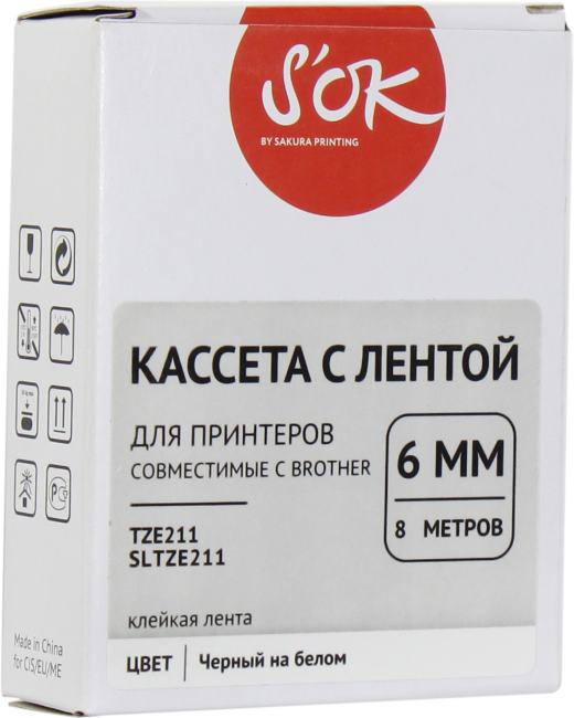 S'OK <SLTZE211> лента для печати этикеток (ширина 6мм, 8м, чёрный  на  белом)  для Brother