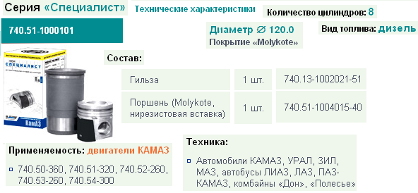 Комплект поршневой  (гильза, поршень) КАМАЗ 740.51-1000101
