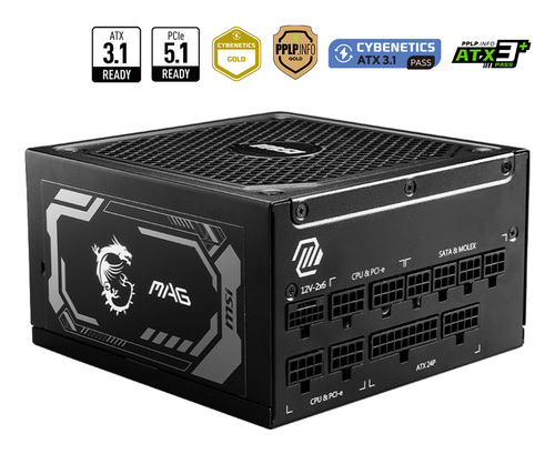 Блок питания ПК/ Power Supply MSI MAG A1250GL PCIE5, 1250W 80+ Gold (ATX, 3.1, PCIe 5.1, Full modular, 1x24(20+4)pin, 2xCPU 8(4+4)pin, 4xPCIe*2 8(6+2)pin, 1x12V-2x6, 15xSATA3, 4xMOLEX4pin, Active, 135x135mm, 150x150x86mm, APFC, black)