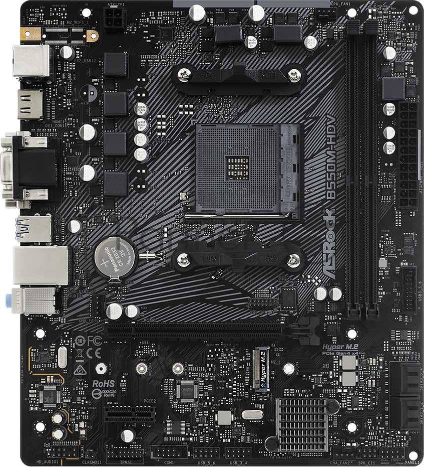 Материнская плата ASRock B550M-HDV, AM4, AMD B550, 2xDDR4, 4xSATA, 1xM.2, 1xPCIe 4.0 x16, 1xDVI-D, 1xHDMI, 1xVGA, 1x 1Gb LAN, 3x3.5 мм, 7.1, mATX