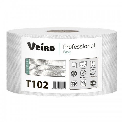 Бумага туалетная 200 м, VEIRO Professional (Система T2), КОМПЛЕКТ 12 шт., Basic, T102