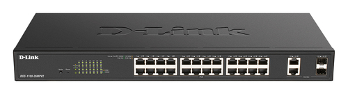 DGS-1100-26MPV2/A3A - Коммутатор, D-Link, DGS-1100-26MPV2/A3A, Настраиваемый L2, 24 порта 10/100/1000Base-T, 2 комбо-порта 100/1000Base-T/SFP (24 порта PoE 802.3af/at, PoE-бюджет 370 Вт), стоечный