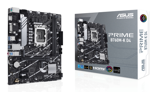 Материнская плата ASUS PRIME B760M-K D4, LGA 1700, Intel B760, 2xDDR4, 4xSATA, 2xM.2, 1xPCIe 4.0 x16, 2xPCIe x1, 1xHDMI, 1xVGA, 1x 2.5Gb LAN, 2xUSB-A 3.2 Gen 1, 2xUSB-A 2.0, 3x3.5 мм, 7.1, mATX