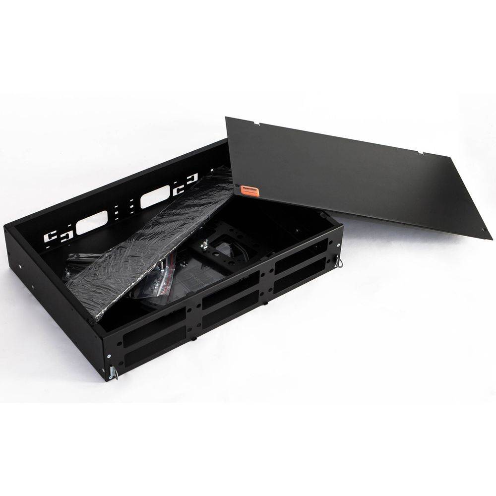 HYPERLINE Бокс оптический FO-19V-2U-6xSLT-W130H30-48UN-BK Бокс оптический универсальный 19" выдвижной, с полкой, от 8 до 48 портов , со сплайс пластиной, без пигтейлов и проходных адаптеров, 2U, черный