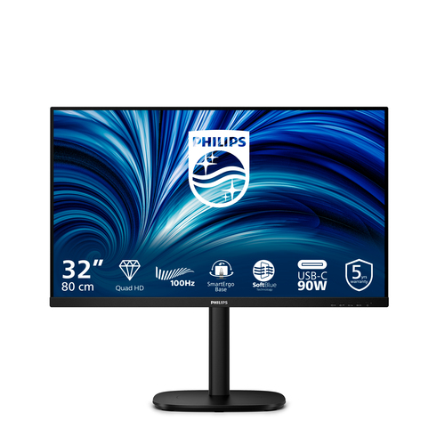Монитор 31,5" Philips 32B2U3601 2560x1440, WLED, 16:9, IPS, 350cd, 1500:1, 50М:1, 4ms, 178/178, HDMI, DP,USB-hub 4хUSB 3.2, USB-C(PD90W), RJ45, 100Hz, Speakers, Tilt, HAS, Swivel, Pivot, Internal, VESA, Black