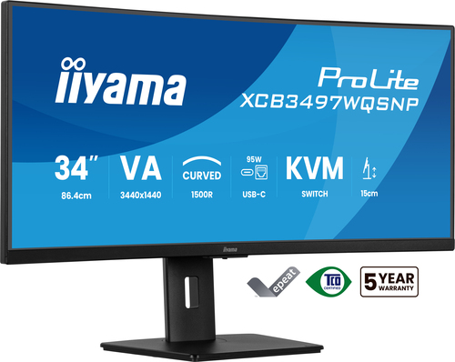 XCB3497WQSNP-B1 - Монитор, iiyama, ProLite PL3497WQP, XCB3497WQSNP-B1, 34", Изогнутый, 3440x1440, VA, 21:9, 120 Гц, 350 кд/м2, 0.4 мс, 16.7М, 3000:1, 178/178, HDMI*2, DP*1, USB*4, USB-C*1, Mini jack, вращение/наклон, Черный