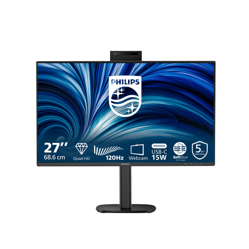 Монитор 27" Philips 27B2N3500JH 2560x1440, WLED, 16:9, IPS, 350cd, 4ms, 1300:1, 50M:1, 178/178, 2*HDMI, DP, USB Hub: 4*USB3.2, Speakers, Camera 120Hz, Tilt, HAS, Swivel, Pivot, Internal, VESA, Black, 3y