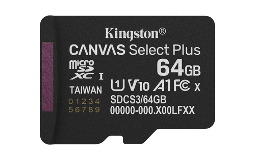Карта памяти Kingston microSDXC 64GB Canvas Select Plus Memory Card SDCS3/64GBSP UHS-I U1 Class 10/V10/A1, w/o Adapter, 100Mb/s, RTL