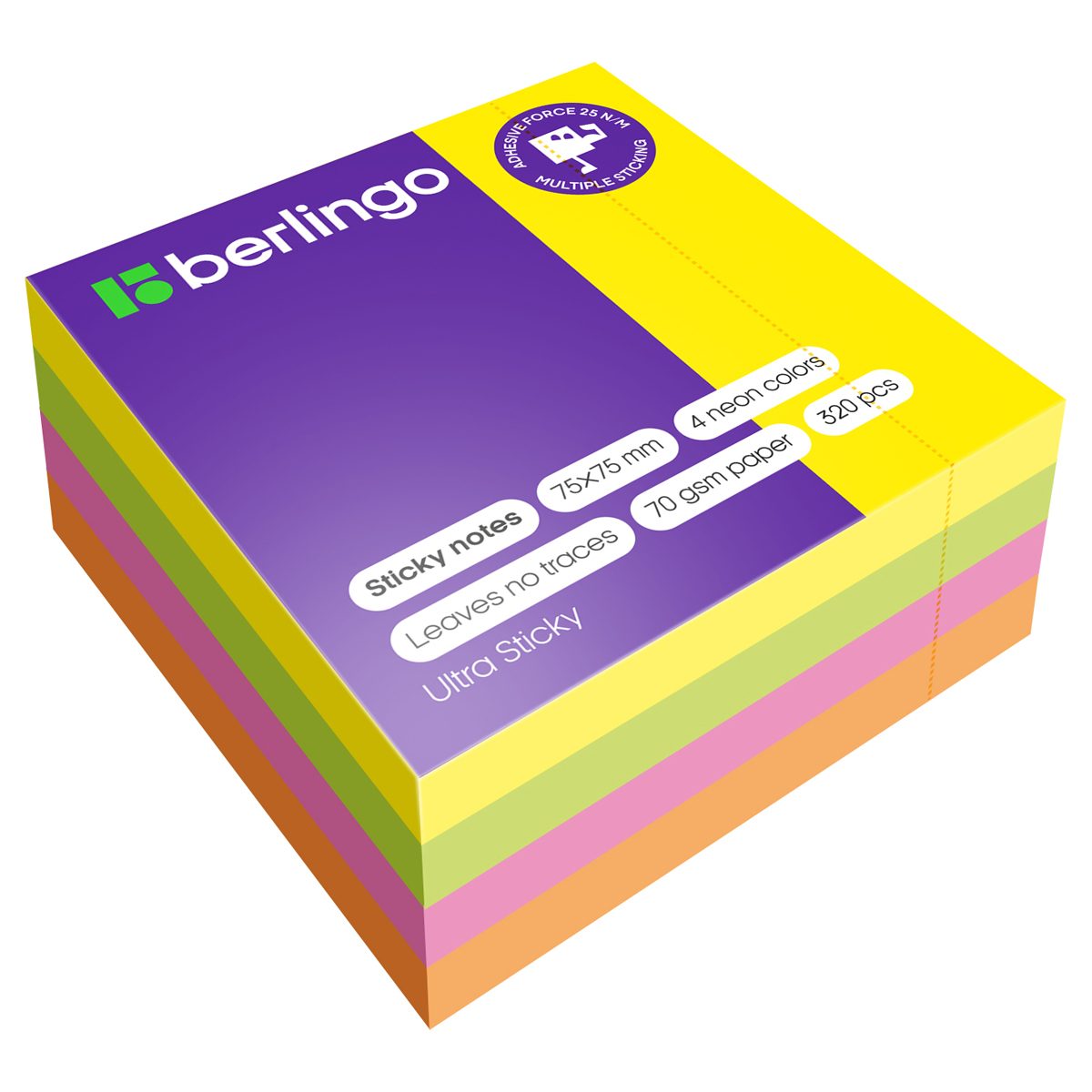 Стикеры (самоклеящийся блок) Berlingo Ultra Sticky, 75x75мм, 4 цвета неон, 320 листов (LSn_40002), 60 уп.