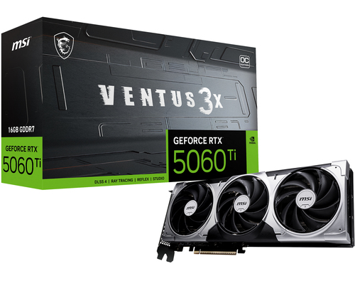 Видеокарта MSI RTX 5060 Ti VENTUS 3X OC 16GB, NVIDIA RTX 5060 Ti, 16 ГБ GDDR7, 128 бит, PCI-e 5.0, 1xHDMI, 3xDP, 2602 МГц