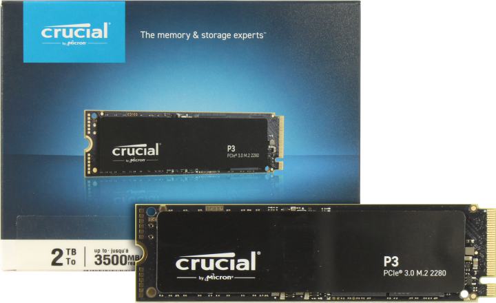 Твердотельный накопитель SSD Crucial P3, 2000GB, M.2(22x80mm), NVMe, PCIe 3.0 x4, QLC, R/W 3500/3000MB/s, TBW 440, DWPD 0