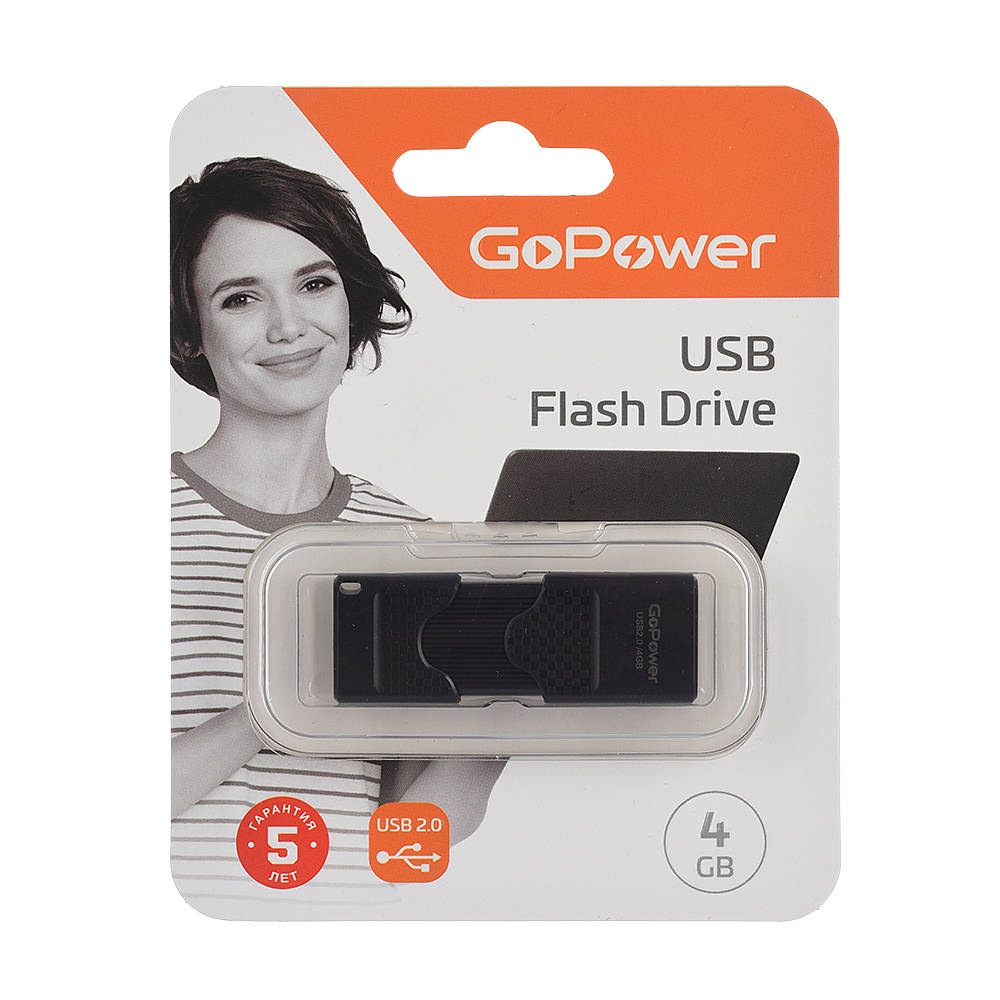 GoPower 00-00025961 Флеш-накопитель/ Флеш-накопитель GoPower SLIDER 4GB USB2.0  пластик  черный  матовый (1/50/1000)