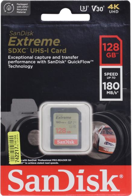 Карта памяти SanDisk Extreme SD UHS I 128GB Card for 4K Video for DSLR and Mirrorless Cameras 180MB/s Read &amp, 90MB/s Write