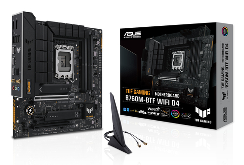 ASUS TUF GAMING B760M-BTF WIFI D4 (Socket 1700, mATX  4xDDR4(128GB), DP/HDMI, 1xPCIe 5.0x16/1xPCIe 4.0x16/1xPCIe 4.0, 1xLAN (2.5GbE), Wi-Fi, BT, 4xSATA 6Gb/s, 3xM.2, 3xType-C, 3xUSB 3.2, 4xUSB 2.0)