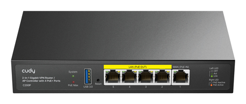 Беспроводной маршрутизатор Cudy C200P, 2-IN-1 SMB Router / AP Controller, 1 Gigabit Ethernet + 4 Gigabit PoE+ PSE Ports + 1 USB 3.0, PSE output up to 30Watts per port, support AP Management, Multi-SSID, Captive Portal, Zerotier/Wireguard/OpenVPN/IPSec/L2TP/PPTP VPN, DNS over Cloudflare/Google/Quad9, Cudy Mesh Support