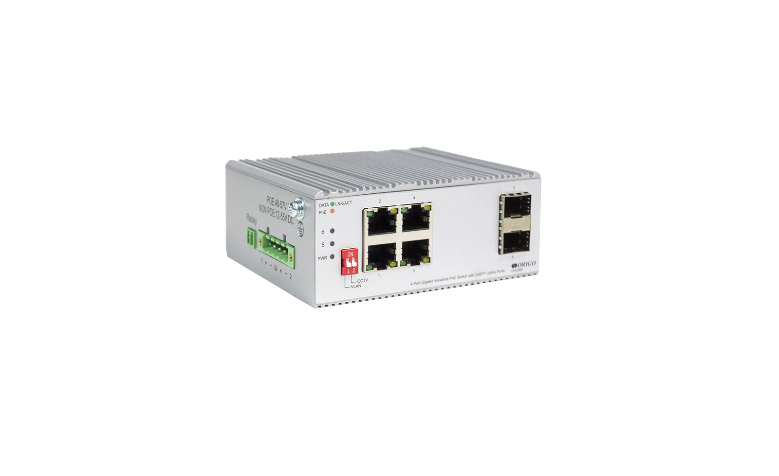 Коммутатор ORIGO OI2206P/120W/A1A Промышленный конфигурируемый PoE-коммутатор, 4x1000Base-T PoE, 2x1000Base-X SFP, DIP-переключатель, PoE-бюджет 120 Вт, защита от статического электричества 6/8 кВ, -40..75°C