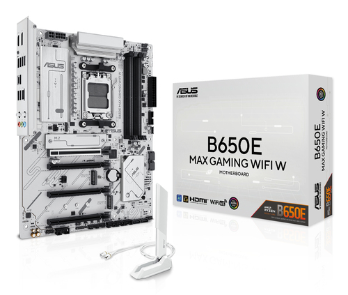 Материнская плата ASUS B650E MAX GAMING WIFI W, AM5, AMD B650, 4xDDR5, 4xSATA, 3xM.2, 1xPCIe 5.0 x16, 1xPCIe 4.0 x4, 2xPCIe 3.0 x1, 1xDP, 1xHDMI, 1x2.5Gb LAN, Wi-Fi 6E, Bluetooth 5.3, 1xUSB-C 10Gbps, 3xUSB-A 10Gbps, 2xUSB-A 5Gbps, 2xUSB-A 2.0, 3x3.5 мм, 7.1, ATX