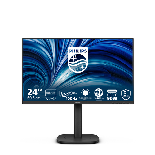 Монитор 23.8"/24" Philips 24B2U3301D IPS 1920x1200, 120 Гц, 4 мс (GtG), 16:10, 300 кд/м², HDMI 1.4, DP 1.4, USB-C (90 Вт), USB Hub (4x USB 3.2), 3.5 Jack, LAN, динамики (2x2 Вт), Adaptive-Sync, VESA 100x100, черный