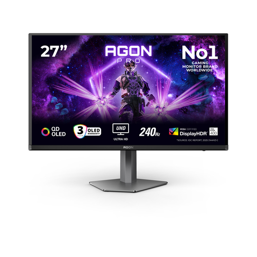 Монитор 27" AOC Agon Pro AG276UZD QD-OLED 3840x2160, 240 Гц, 0.03 мс, 16:9, 1000 кд/м² (пиковая), DisplayHDR True Black 400, DP 2.1, HDMI 2.1, USB-C, USB Hub (4x USB 3.2), динамики (2x5 Вт), FreeSync, Adaptive-Sync, черный