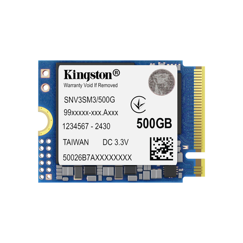 Твердотельный накопитель/ Kingston SSD NV3, 500GB, M.2(22x30mm), NVMe, PCIe 4.0 x4, 3D TLC, R/W 5000/3000MB/s, TBW 160, DWPD 0.2 (60 мес)