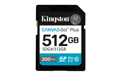 Карта памяти Kingston - Canvas Go! Plus, SDXC, write speed 160Mb/s, read speed 200Mb/s, UHS-I Class 3, V30, Class 10, 512GB, SDG4/512GB
