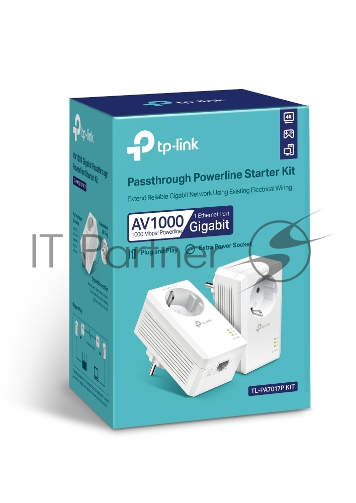 Сетевой адаптер TP-Link AV1000 Gigabit Passthrough Powerline Starter KitSPEED: 1000 Mbps PowerlineSPEC: Broadcom CPU, HomePlug AV2, 1+1 Gigabit PortFEATURE: Plug and Play, tpPLC Utility, Pair for More Security, Extra Power SocketKIT: 2× TL-PA7017P"