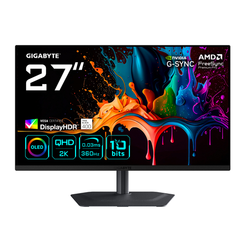 Монитор Gigabyte - MO27Q3 EK, 27", 16:9, QD-OLED, 0.03 мс, 250cd/m², 1500000:1, 2560x1440 (WQHD), 360 Гц, 2x HDMI, 1x DP, USB-hub, HAS, HAS, Pivot, speakers, цвет чёрный, 20VM0-MO27Q3BT-2EKR