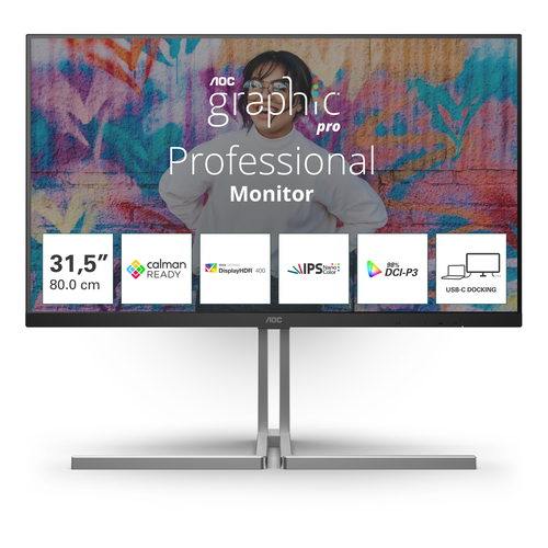 Монитор 31.5" AOC U32U3CV IPS 3840x2160, 60 Гц, 4 мс, 16:9, 400 кд/м², 2xHDMI 2.0, DP 1.4, USB-C, 3.5 Jack, USB Hub (4x USB 3.2), динамики (2x3 Вт), HDR10, Adaptive-Sync, черный