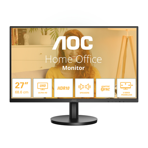 Монитор 27" AOC U27B3A  IPS, 3840x2160, 60Hz, 4ms, 350сd/m, 1000:1, HDR10 | 2xHDMI(2.0), DP(1.4) | InPSU, Speakers, Vesa 100, Black