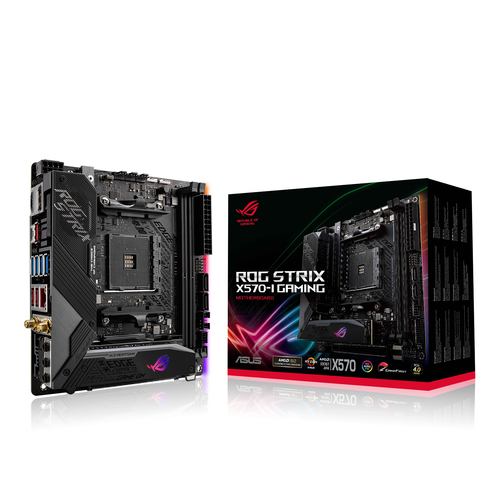 Материнская плата ASUS ROG STRIX X570-I GAMING, AM4, AMD X570, 2xDDR4, 4xSATA, 2xM.2, 1xPCIe 4.0 x16, 1xHDMI, 1xDP, 1x1Gb LAN, Wi-Fi 6, Bluetooth 5.0, 1xUSB-C 10Gbps, 3xUSB-A 10Gbps, 4xUSB-A 5Gbps, 2xUSB-A 2.0, 3x3.5 мм, 7.1, ITX