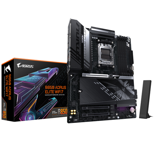 Материнская плата Gigabyte B850 AORUS ELITE WIFI7, Socket AM5, AMD B850, 4xDDR5-5200, HDMI+DP, 3xPCI-Ex16, 4xSATA3(RAID 0/1/10), 3xM.2, 8 Ch Audio, 1x2,5GLan, WiFi, (4+4)xUSB2.0, (7+2)xUSB3.2, (1+1)xUSB Type-C™, 1xPS/2, ATX, RTL