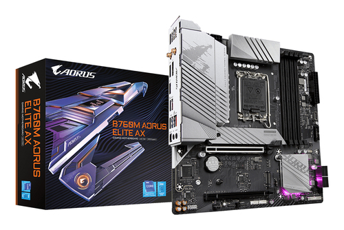 Материнская плата Gigabyte B760M AORUS ELITE AX, Socket 1700, Intel®B760, 4xDDR5-4800, HDMI+DP, 1xPCI-Ex16, 1xPCI-Ex1, 4xSATA3(RAID 0/1/5/10), 2xM.2, 8Ch Audio, GLan, WiFi, (4+4)xUSB2.0, (4+2)xUSB3.2, (1+1)xUSB3.2 Type-C™, mATX, RTL