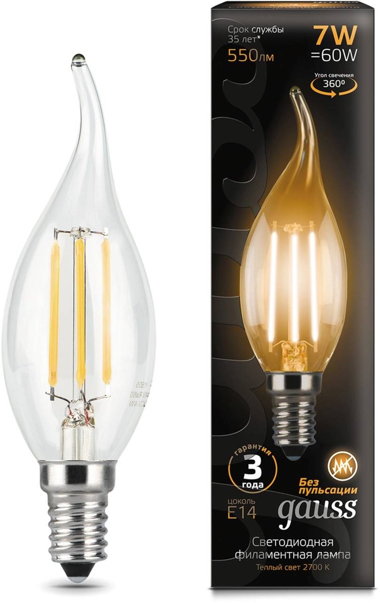 GAUSS светодиодная Filament 7Вт цок.:E14 свеча 220B св.свеч.бел.теп. CF35