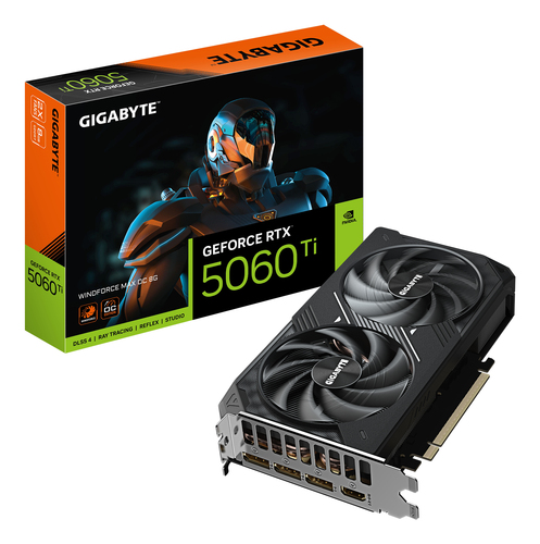 Видеокарта Gigabyte GeForce RTX 5060 Ti Windforce Max OC, NVIDIA RTX 5060 Ti, 8 ГБ GDDR7, 128 бит, PCI-e 5.0, 1xHDMI, 3xDP, 2587 МГц