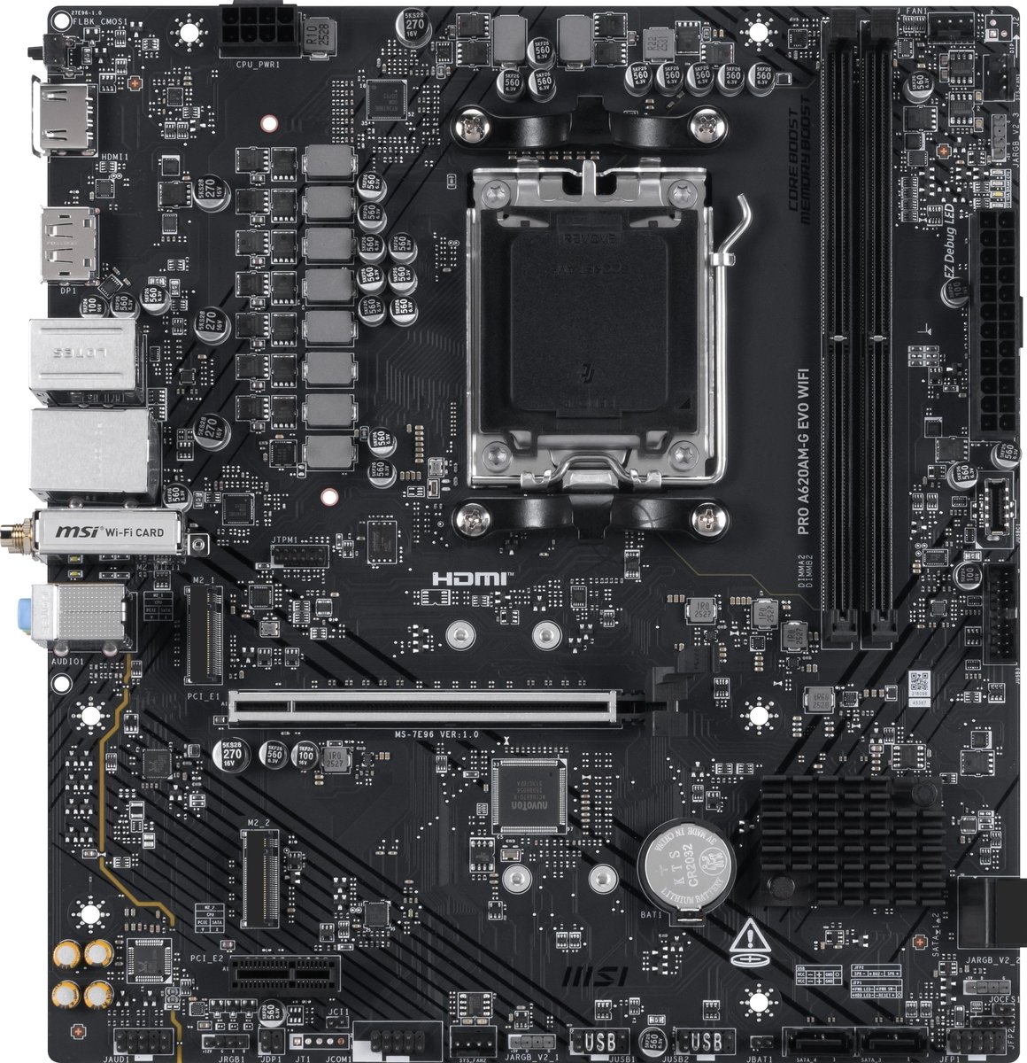Материнская плата MSI PRO A620AM-G EVO WIFI, AM5, AMD A620A, 2xDDR5, 4xSATA, 2xM.2, 1xPCIe 4.0 x16, 1xPCIe 3.0 x1, 1xHDMI, 1xDisplayPort, 1x 2.5Gb LAN, 4xUSB 5Gbps Type-A, 2xUSB 2.0, 3x3.5 мм, 7.1, microATX