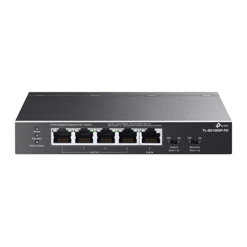 Коммутатор 5-портовый TP-Link TL-SG1005P-PD, Настольный с 5 гиг. портами (1 порт с входящим PoE++, 4 порта с исходящим PoE+), бюджет PoE: 9, 21, 47 или 66 Вт (зависит от используемого стандарта входящего PoE)
