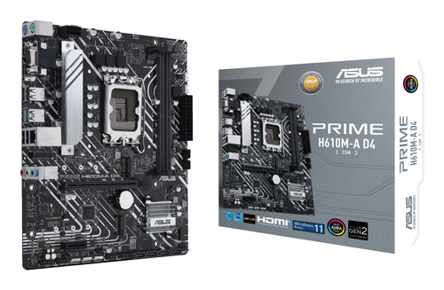 Материнская плата Asus - PRIME H610M-A D4-CSM, mATX, Intel H610, 1xLGA 1700, 2xDDR4 до 64ГБ, 1x1GbE, audio, M.2, VGA, HDMI, DP, 2xPS/2, 4xSATA, 4xUSB2.0, 2xUSB3.2, PRIME H610M-A D4-CSM