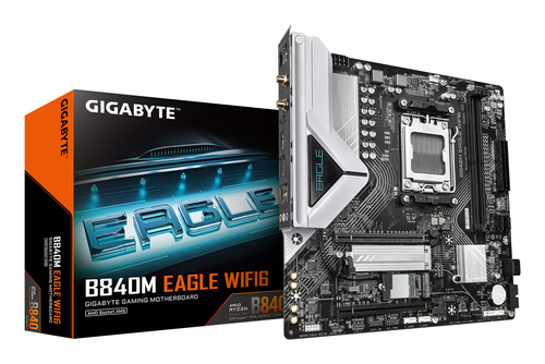 Материнская плата Gigabyte B840M EAGLE WIFI6, AM5, AMD B840, 4xDDR5, 4xSATA, 2xM.2, 1xPCIe 4.0 x16, 1xPCIe x1, 1xHDMI, 2xDP, 1x2.5Gb LAN, Wi-Fi 6, Bluetooth 5.3, 1xUSB-C 10Gbps, 1xUSB-A 10Gbps, 2xUSB-A 5Gbps, 4xUSB-A 2.0, 1xPS/2, 3x3.5 мм, 7.1, mATX