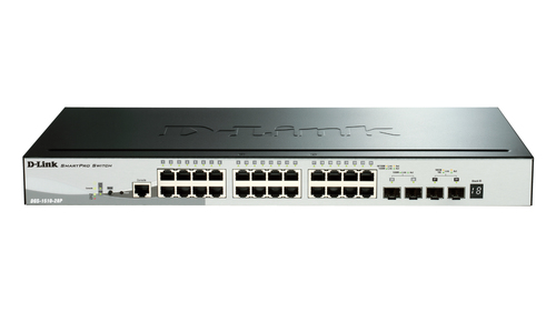 Коммутатор D-Link DGS-1510-28P/A1A, PROJ L2+ Smart Switch with 24 10/100/1000Base-T ports and 2 1000Base-X SFP ports and 2 10GBase-X SFP+ ports (24 PoE ports 802.3af/802.3at (30 W), PoE Budget 193W).16K Mac add
