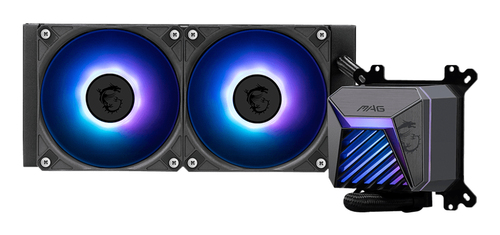 Система жидкостного охлаждения/ Water Cooling System MSI MAG CORELIQUID A15 240 (240W, 240mm, Black, ARGB/ Fans: 2x120mm, 64.89CFM, 28.7dBA, 2050RPM/ Pump 20dBA, 3400RPM, Rad thickness 27mm/ S: 1851, 1700, AM5, AM4)