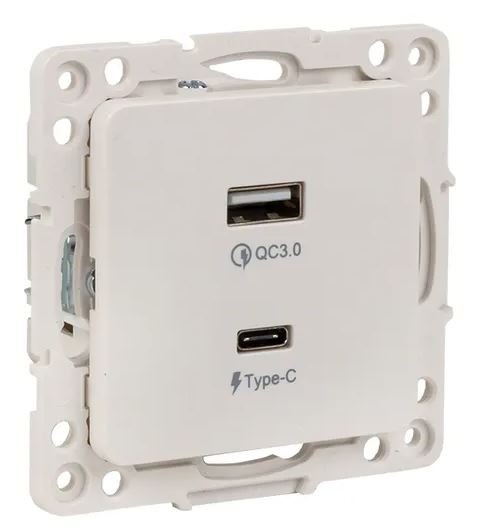 Электроустановочное изделие Стокгольм Механизм Розетки с 2USB type-A + type-C винтовые клеммы белый (EYR-2USB-type-C)