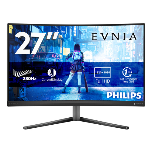 Монитор 27" Philips 27M2C5200W Evnia VA 1920x1080, 280 Гц, 1 мс, 16:9, 300 кд/м2, 2xHDMI, 1xDP, 1x3.5 мм, изогнутый, черный