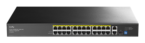 Коммутатор CUDY 24-Port 10/100M PoE+ Switch with 2 Gigabit Port+ 1SFP 300W 24-Port 10/100M PSE RJ-45 +2 Gigabit RJ- 45 +1SFP Port with 24 POE Ports Switch with Built-in power supply, support 16-port IEEE 802.3at PoE+ Injector, Rack-mountable Steel case, 300W Internal (FS1026PS1)