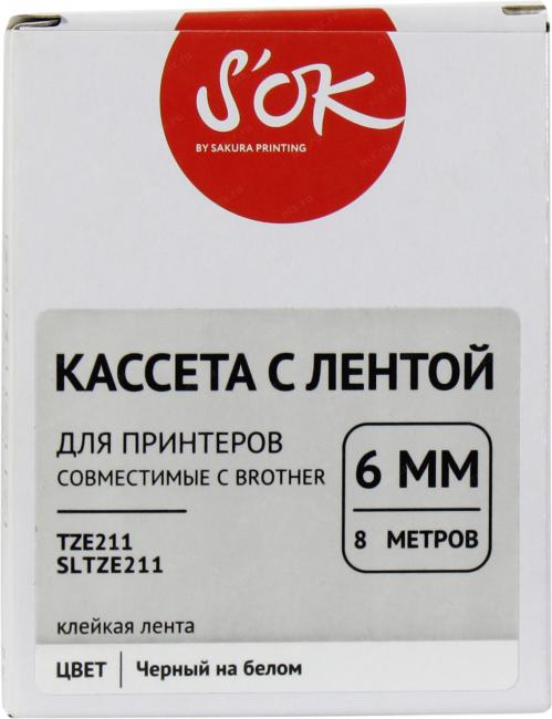 S'OK <SLTZE211> лента для печати этикеток (ширина 6мм, 8м, чёрный  на  белом)  для Brother