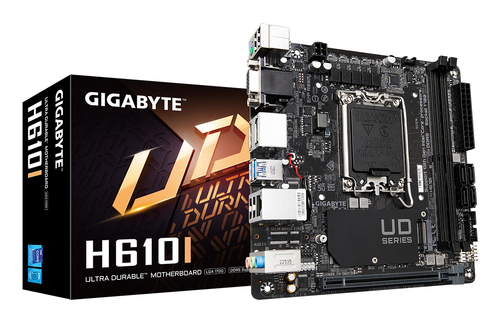 Материнская плата Gigabyte H610I, LGA 1700, Intel H610, 2xDDR5, 4xSATA, 1xM.2, 1xPCIe 4.0 x16, 1xHDMI, 1xVGA, 2xDP, 1x 1Gb LAN, 2xUSB-A 3.2 Gen 1, 4xUSB-A 2.0, 3x 3.5 мм, 7.1, Mini-ITX